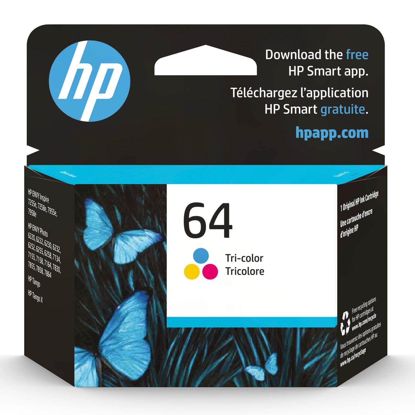 Original HP 64 Tri-Color Ink Cartridge | Works with HP Envy Photo 6200, 7100, 7800 Series | Eligible for Instant Ink | N9J89AN