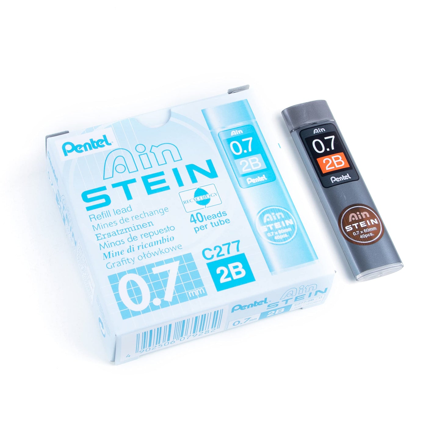 Pentel Ain Stein Lead Refill for Mechanical Pencils, 2B Grade, Dark Soft Lead For Sketching, 40 Leads per Tube, 0.7mm Medium Point, C277-2B, Box of 12