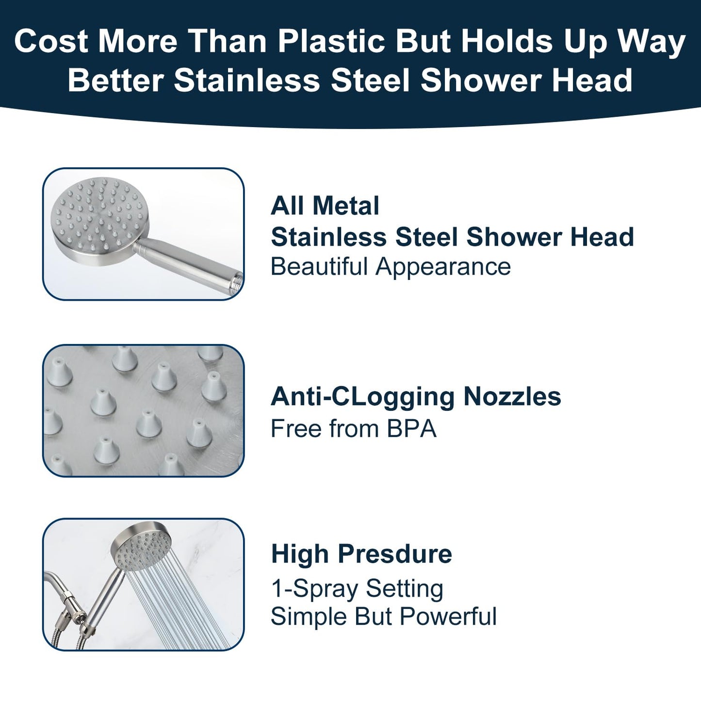 All Metal Handheld Shower Head with Brass Hand Showerhead Holder,1.75 GPM & 2.5 GPM High Pressure HandHeId Shower Head with Long Hose 72" Flexible Extension
