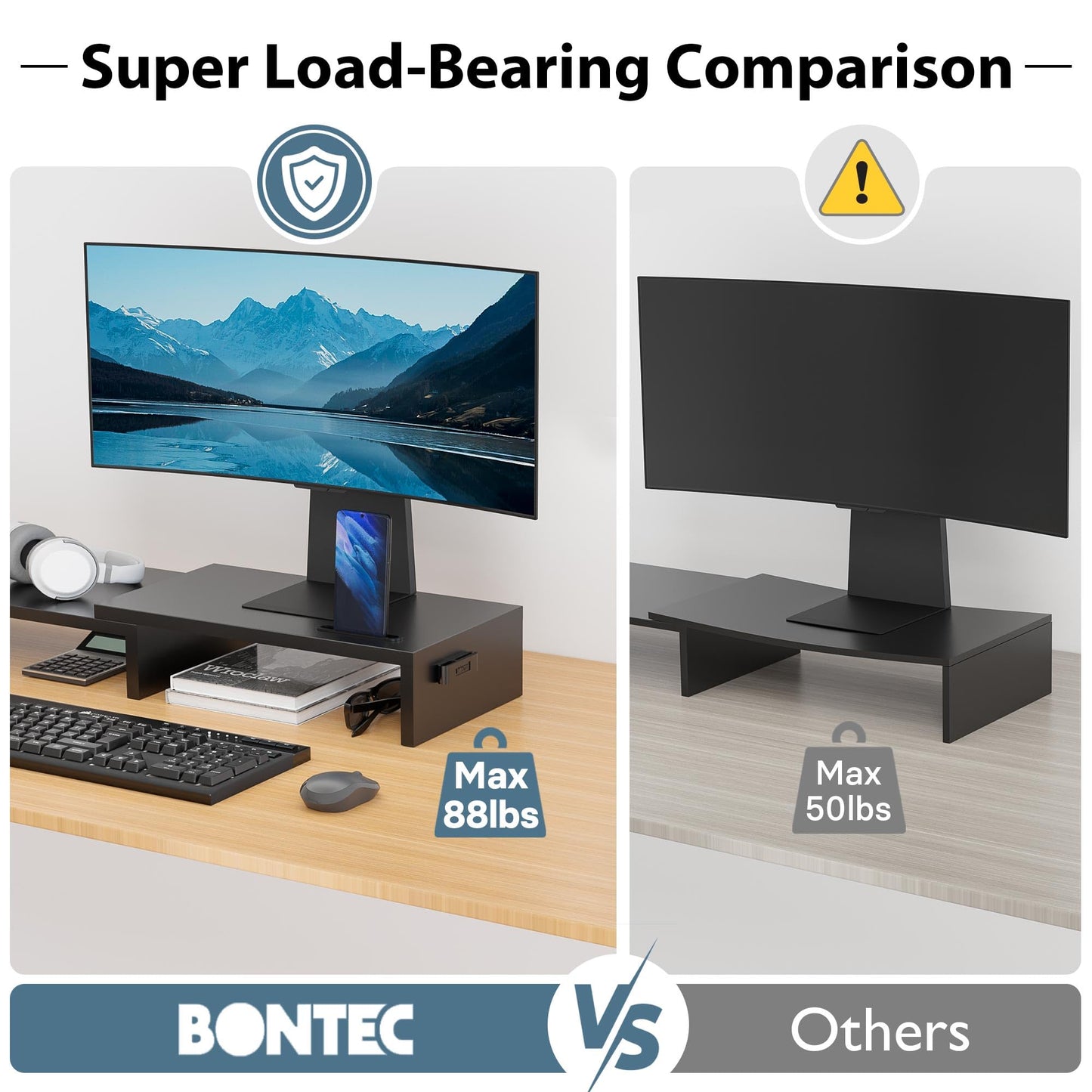 BONTEC Dual Monitor Stand for Desk, Adjustable Length and Angle Monitor Stand Riser with Smartphone Holder, Desk Shelf for Top of Desk, Computer Monitor Stand with Storage, Office Desk Organizer