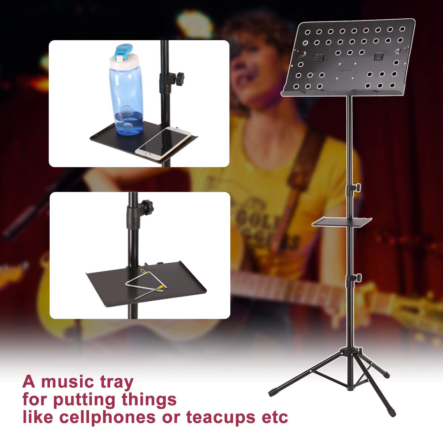IMAGE 21.6-63 inch Sheet Music Stand Adjustable and Foldable Travel Metal Music Stand with Music Tray, Carrying Bag, and Music Sheet Clip Holder for Instrumental Performance