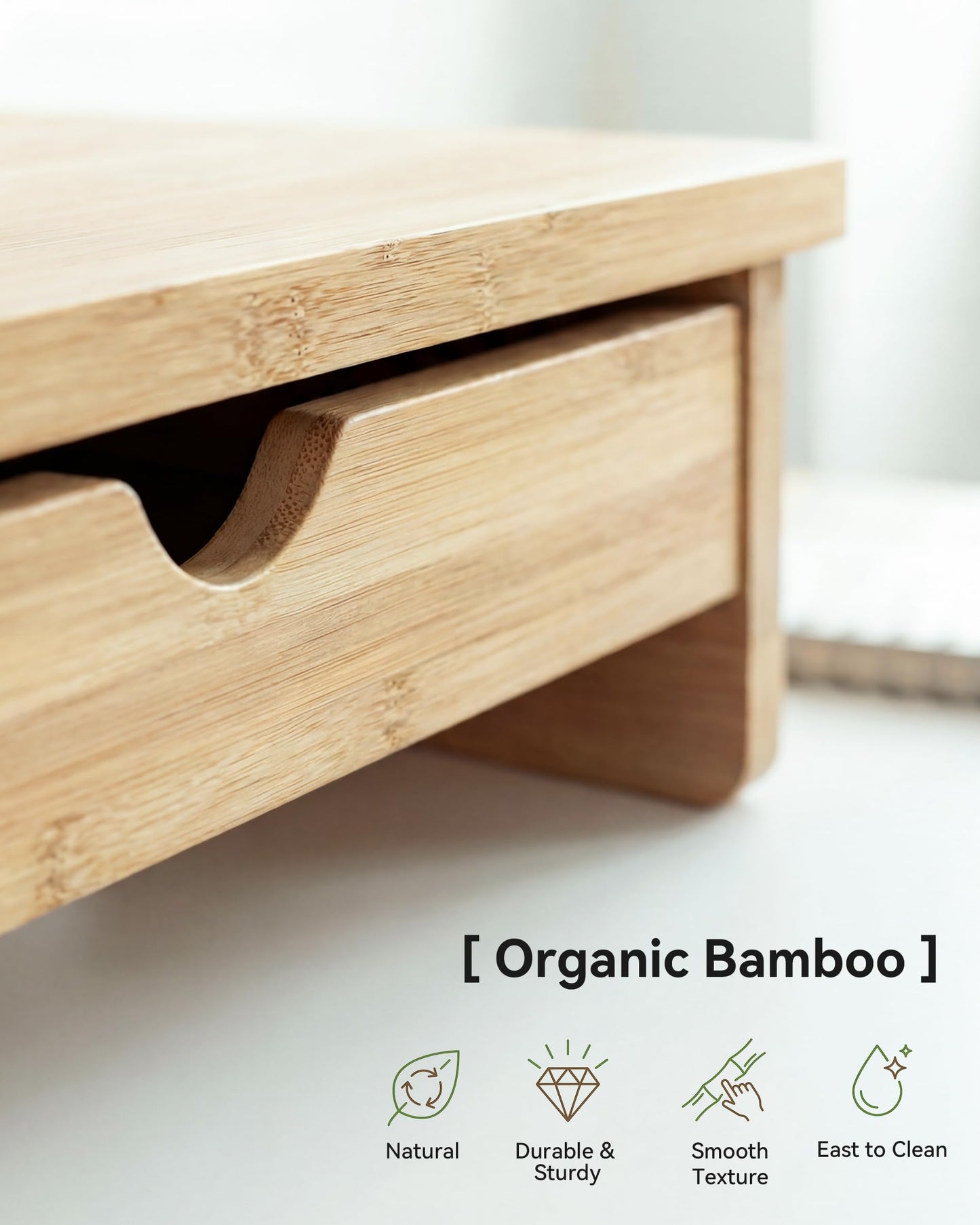 WELL WENG Bamboo Monitor Stand with Large Storage Drawer,23 Inch Ergonomic Computer Riser for Desk, Holds Up to 220lbs, Screen Shelf with 5 Compartments for Keyboard & Stationery Organization