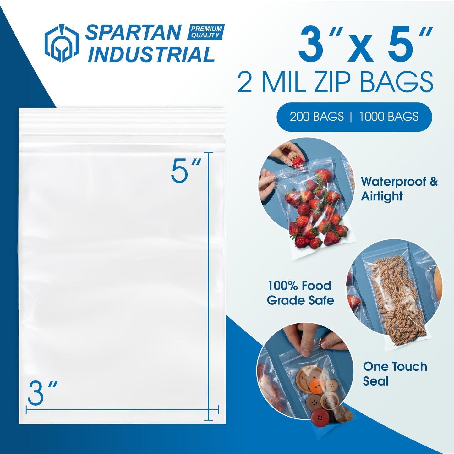 Spartan Industrial - 3” X 5” (1000 Count) 2 Mil Clear Reclosable Zip Plastic Poly Bags with Resealable Lock Seal Zipper