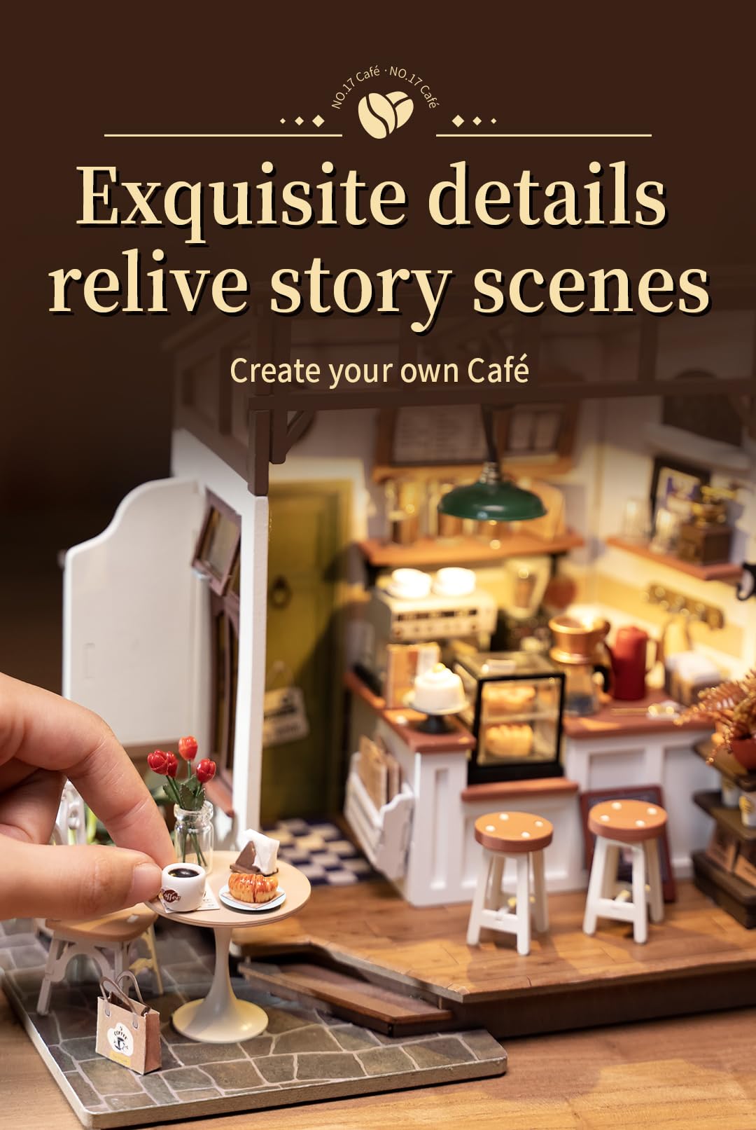 Rowood Miniature House Kit,DIY Miniature Dollhouse Kits for Adults to Build to Live in,Mayberry Street Miniatures,Wooden Adults Craft Kits,Mini Model Kits with LED,Birthday for Teens(NO.17 Cafe)