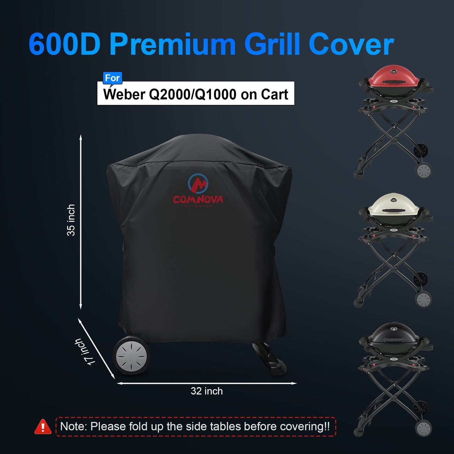 Comnova Grill Cover for Weber Q Series on Cart - Heavy Duty & Waterproof BBQ Cover for Q2000/Q200/Q1000/Q100 With Portable Stand, Q2200, 2400, 1200, 1400 and More