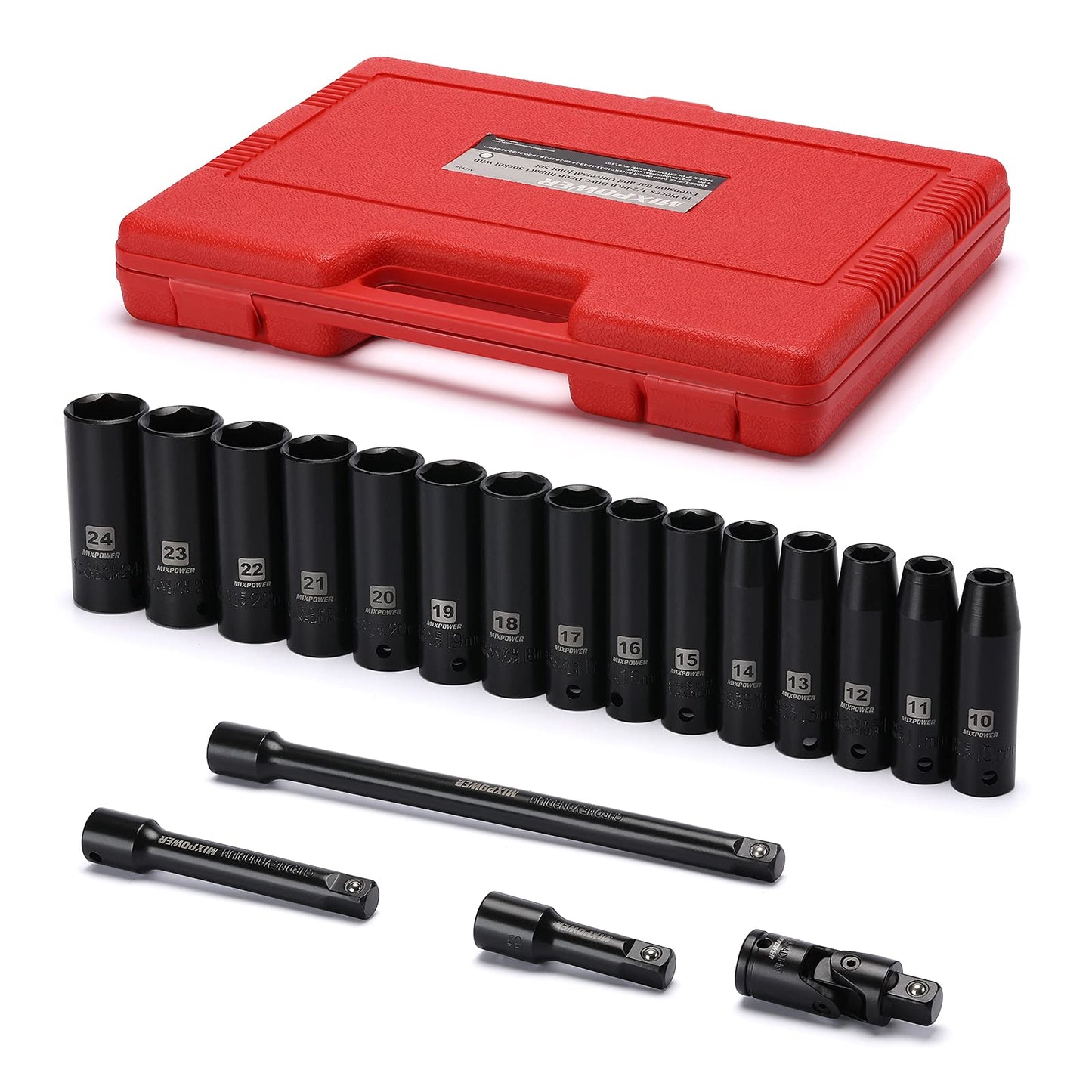 MIXPOWER 1/2-Inch Drive Deep Impact Socket Set, CR-V, Metric Size 10-24mm, 6 Point, Perfect for Home, Mechanic and Repair Project, 19-Piece Sockets Set with Extension Bar and Universal Joints.