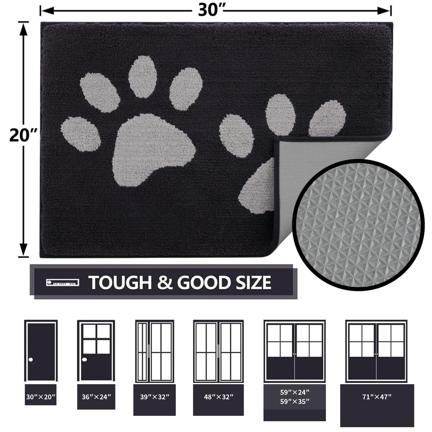 Arotive Indoor Door Mat, 24" x 59" Absorbent Dirt Resist Washable Front Back Door Mat, Non-Slip Low-Profile Dog Paws Entrance Doormat, Durable Inside Floor Mats for Entryway, Black