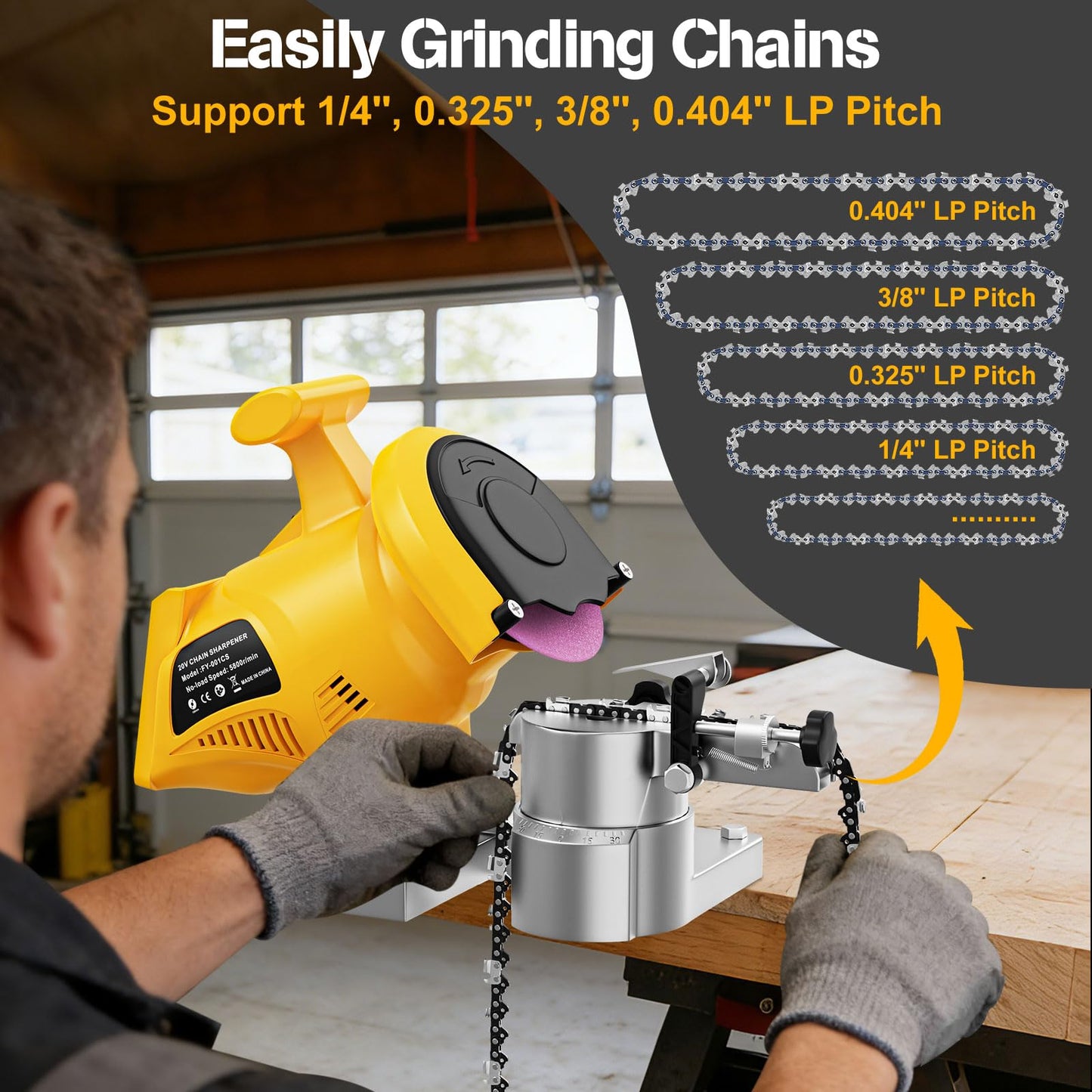 Electric Chainsaw Chain Sharpener Compatible for Dewalt 20V Battery(NO Battery), Cordless Automatic Chain Sharpener Tool With 5800RPM High Speed, For 1/4'', 0.325'', 3/8'', 0.404''Pitch, Bench-Mounted