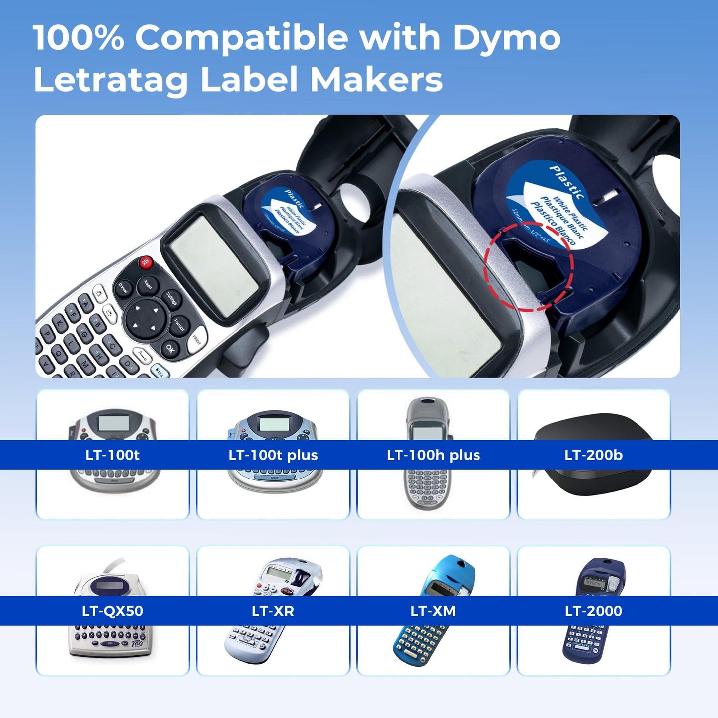 Freshworld 10-Pack 91331 Replace for Dymo Label Maker Refill White Plastic Tape 1/2'' 13' Label Maker Tape 12mm S0721610 Compatible with Dymo Letratag Refills Plus LT100H LT100T 200B QX50 XM XR 2000