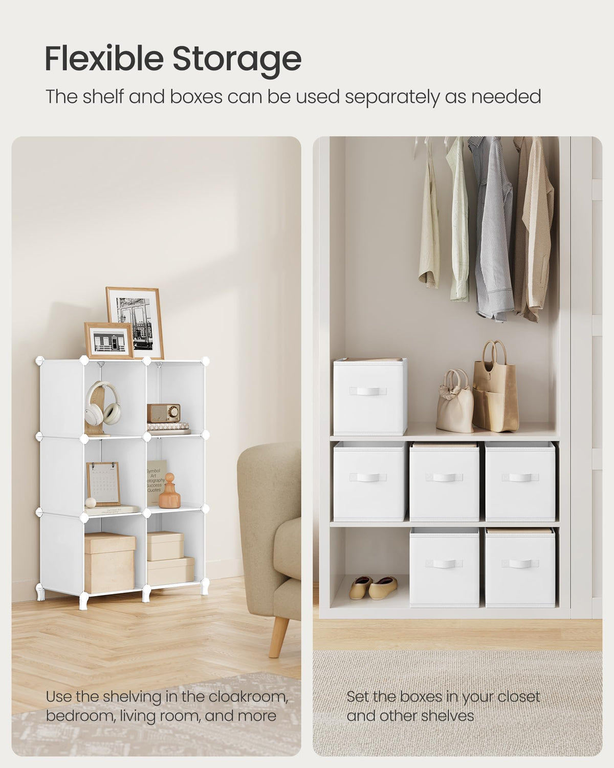 SONGMICS Cube Storage Organizer with Storage Boxes, 6-Cube Organizer, 6 Collapsible Non-Woven Fabric Bins, Customizable, Space-Saving, Living Room, Cloud White ULPC062W06