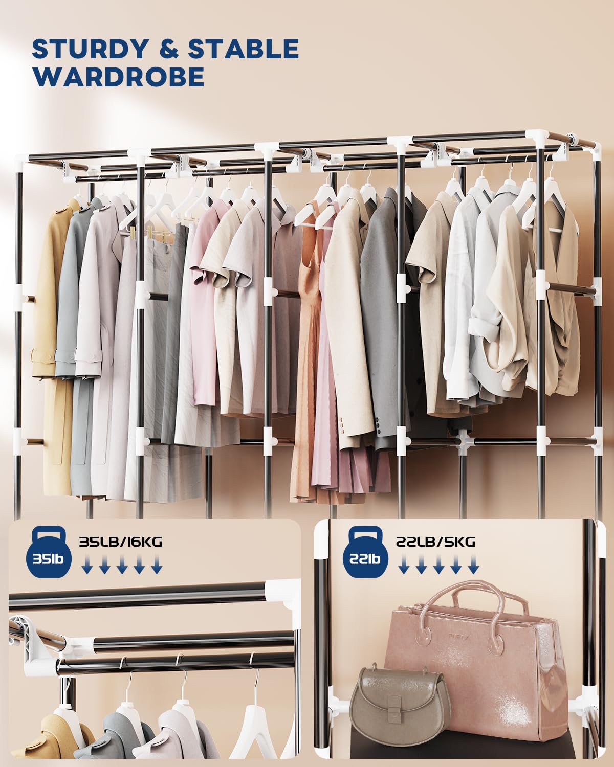 Mavivegue Wardrobe Closet with 4 Hanging Rods, Portable Closet Wardrobe, Non-Woven Fabric Cover, Closet Organizers for Bedroom and Living Room, Black, 67" W x 17" D x 67" H