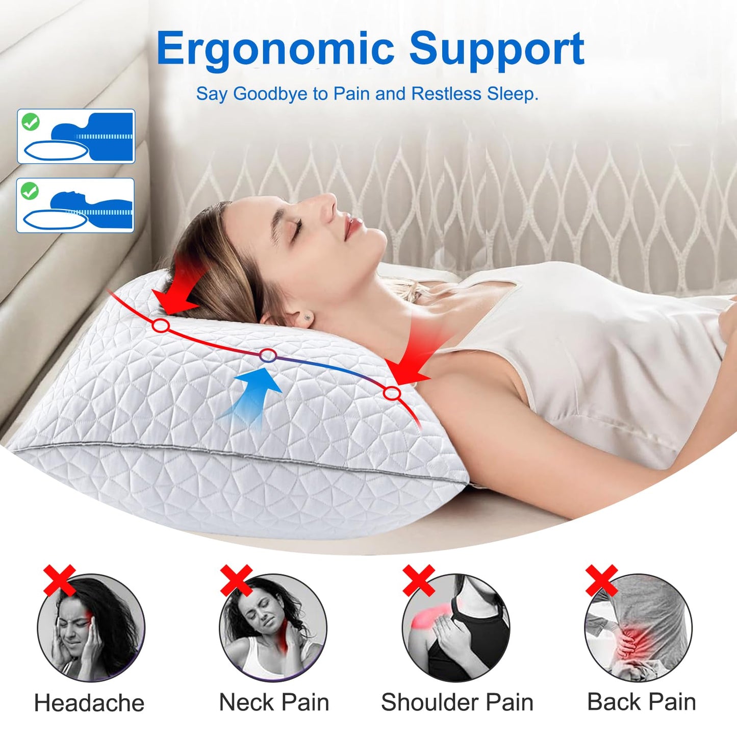 Cooling Pillows Standard Size 2 Pack, Shredded Memory Foam Pillows, Adjustable Firm Bed Pillows Cool Cold Pillow for Hot Side Back Stomach Sleepers with Removable Washable Cover, 20" x 26", White