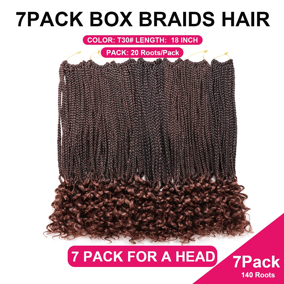 7 Packs 18 Inch Box Braids Crochet Braids with Curly Ends 3X Box Braid Crochet Hair Extension 20 Strands/Pack (18 Inch, T30#)