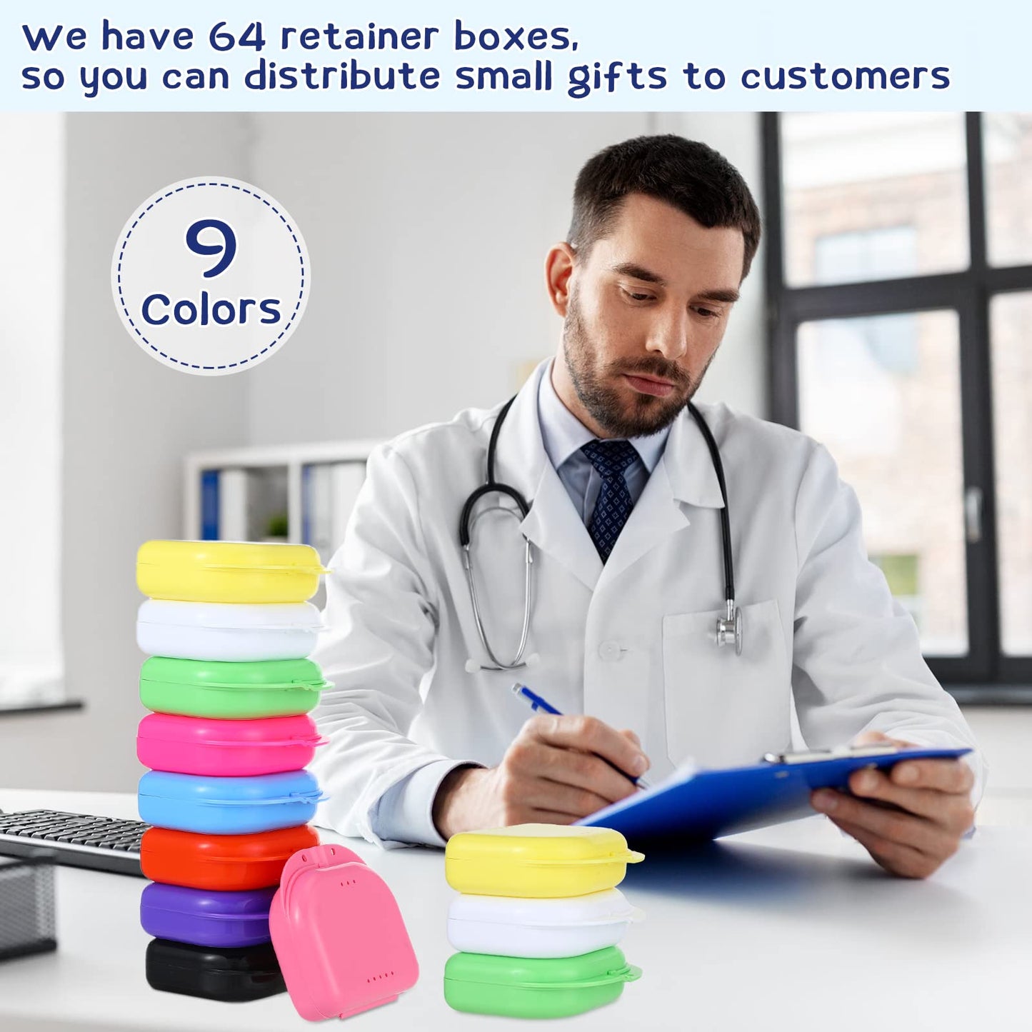 64 Pcs Retainer Case with Vent Holes Mouth Guard Container Case Dental Storage Container Multicolor Dental Retainer Box for Office Travel Household, 9 Colors