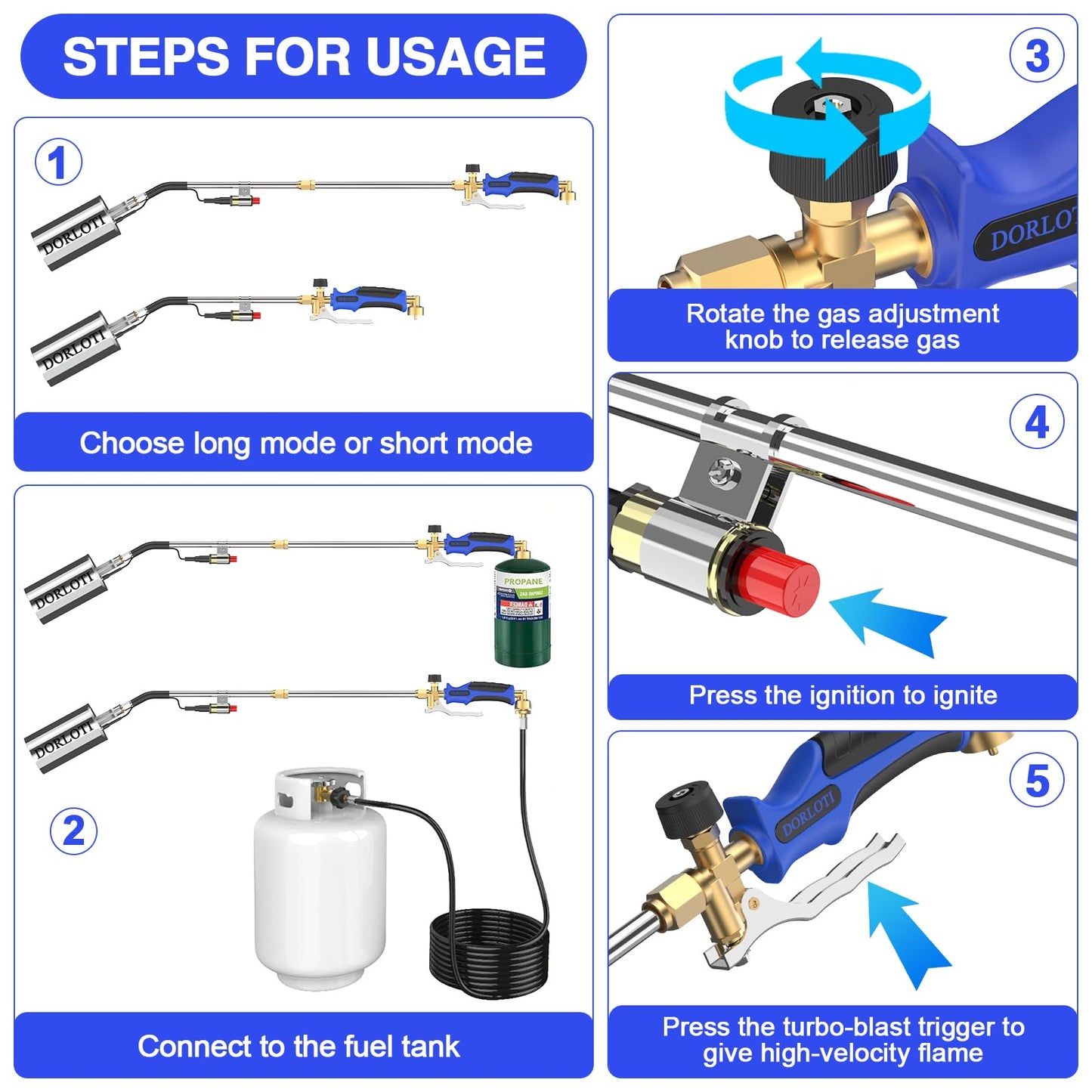 Propane Torch Weed Burner Kit, High Output with Long/Short Mode,12.5FT Hose Heavy Duty Blow Torch Flamethrower with Self Igniter and Turbo Trigger for Weeding,Roofing,BBQ(34.8")