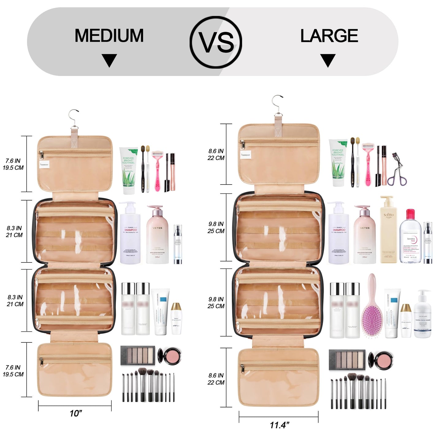 Travel Hanging Toiletry Bag for Women, with Jewelry Organizer Compartment, Large Waterproof Hanging Makeup Accessories, Cosmetic Essentials, Toiletries Dopp Kit Set with Trolley Belt, Black