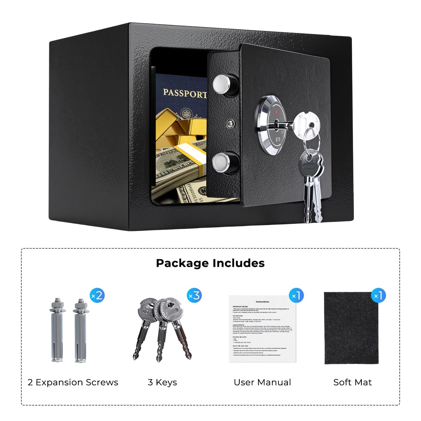 Small Safe Box for Home, Wall Safes 0.23 Cubic Feet, Heavy Duty Steel Safety Lock Box with 3 Keys for Money, Documents, Passort, Jewelry 9.06"x 6.69"x 6.69" Black