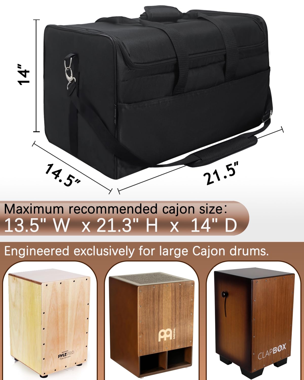 Amazing Fair Large Cajon Box Drum Carry Bag with Carry Handle and Shoulder Straps (Black, 13.5"×21"×14")