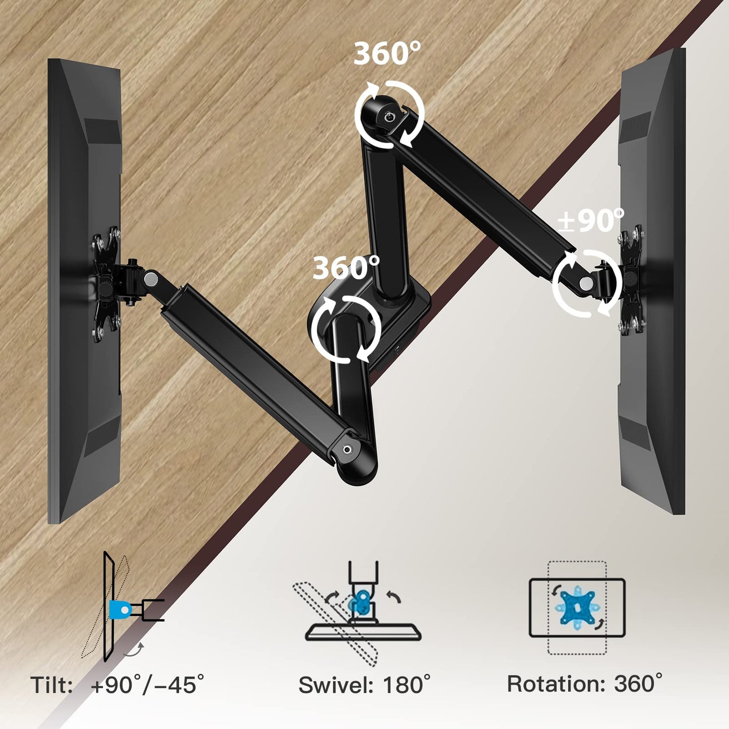 HUANUO Dual Arm Monitor Stand——Adjustable Gaming Desk Mount for 13"-30" Screens, VESA Bracket with C Clamp/Grommet Base, Supports Up to 19.8lbs per Arm