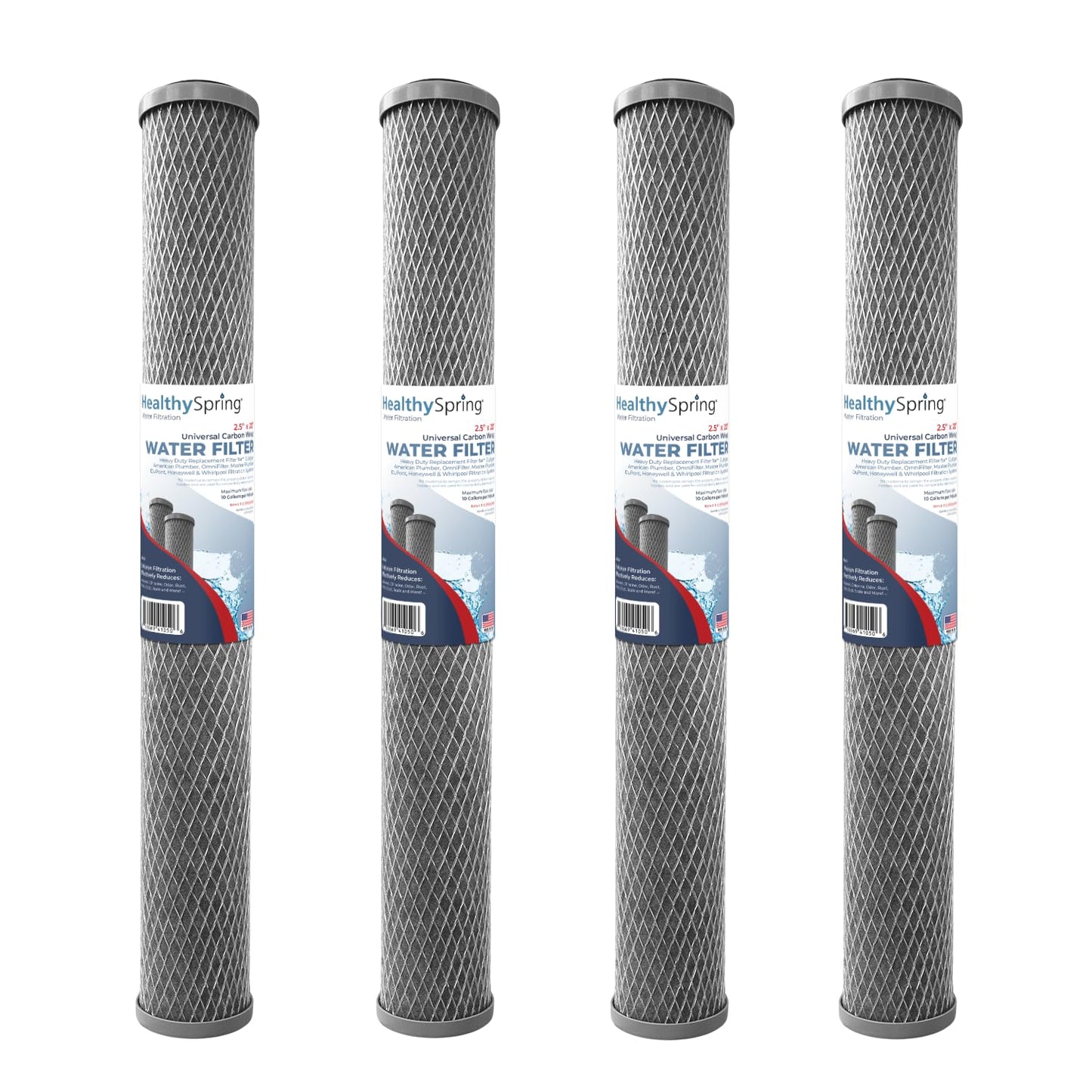 Healthy Spring 5 Micron 2.5" x 20" Whole House CTO Carbon Sediment Water Filter Cartridge Compatible with Pentek C1-20, NCP-20, Made in USA, Pack of 4