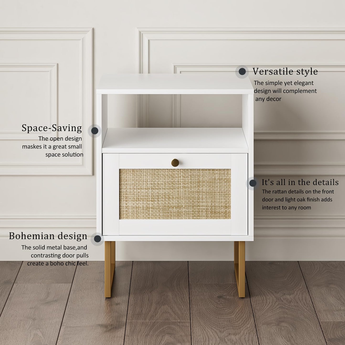 Masupu Rattan Nightstand,Modern Boho Farmhouse Wood Side Table with Storage Drawer and Open Shelf,Small Gold Frame Bedide End Table for Bedroom,Living Room,Office,White