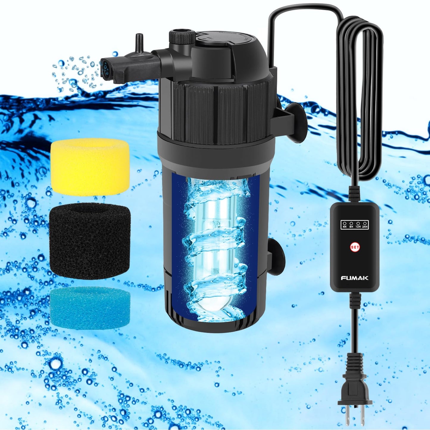 FUMAK U - V Aquarium Filter for Green Water, Fish Filter with Timer, Dual Mode(Aeration/Rainfall) for 10-40 Gallon Tanks, Flow Rate & Direction Adjustable