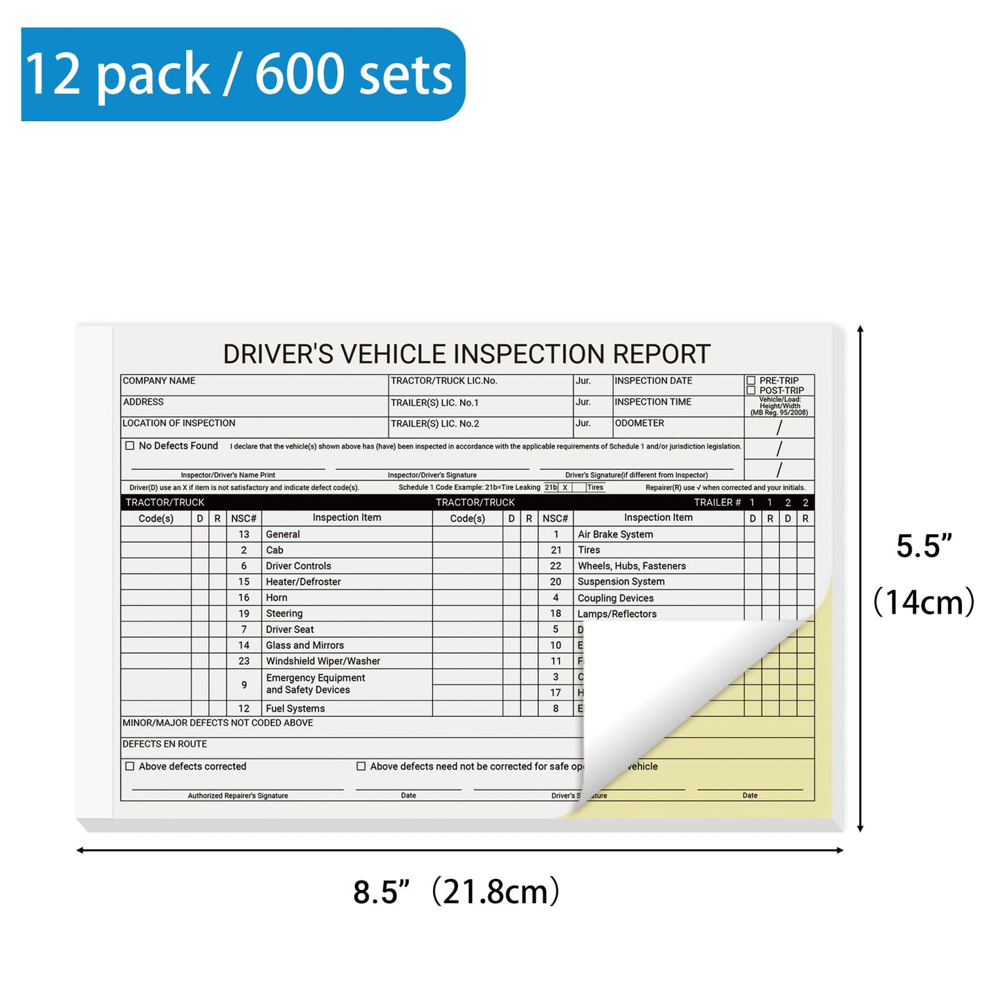 suituts 12 Pack Canadian Driver’s Vehicle Inspection Report Book/Forms, 2 Part Carbonless, 5.5 x 8.5 Inch Daily Pre-Trip Checklist Log for Truck Drivers (31 Sets Each Pack)