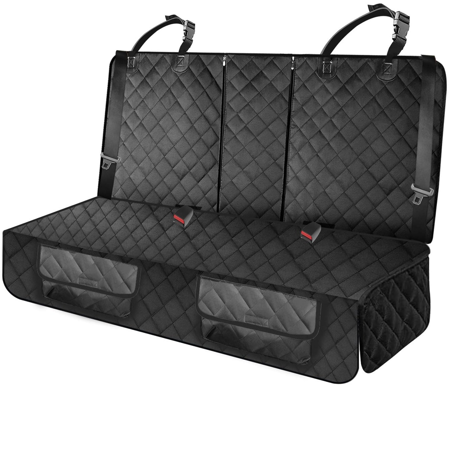 Waterproof Pet Seat Cover Car Seat Cover Protector for Dogs, Heavy Duty Scratch Proof Nonslip Durable Soft Pet Back Seat Covers for Cars Trucks and SUVs with 2 Belts (All Black, M)