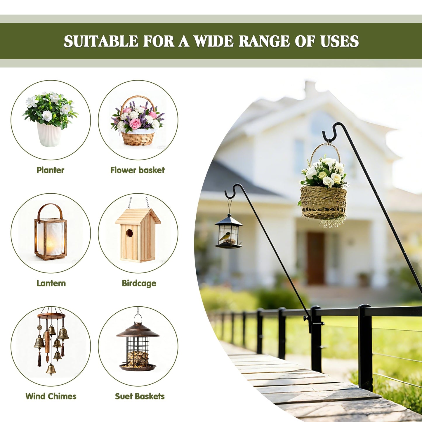 MIXXIDEA Heavy Duty Extended Fence Deck Hook Rail Hook Bird Feeder Hook, 360 Degree Rotary and Length Adjustable Plant Bracket for Bird Feeders, Planters, Suet Baskets, Lanterns, Wind Chimes and More
