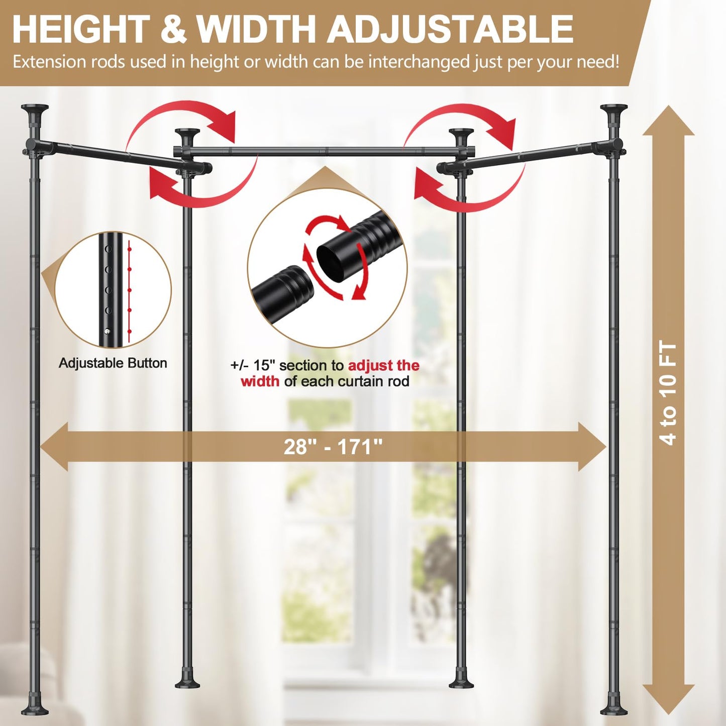 Room Divider Curtain Rod, 28-171inch(W) 4-10ft(H) Adjustable Curtain Rod divider for Room Separation, Heavy Duty Floor to Ceiling Wall Divider Hanging Room Dividers Partition Space Separator Black