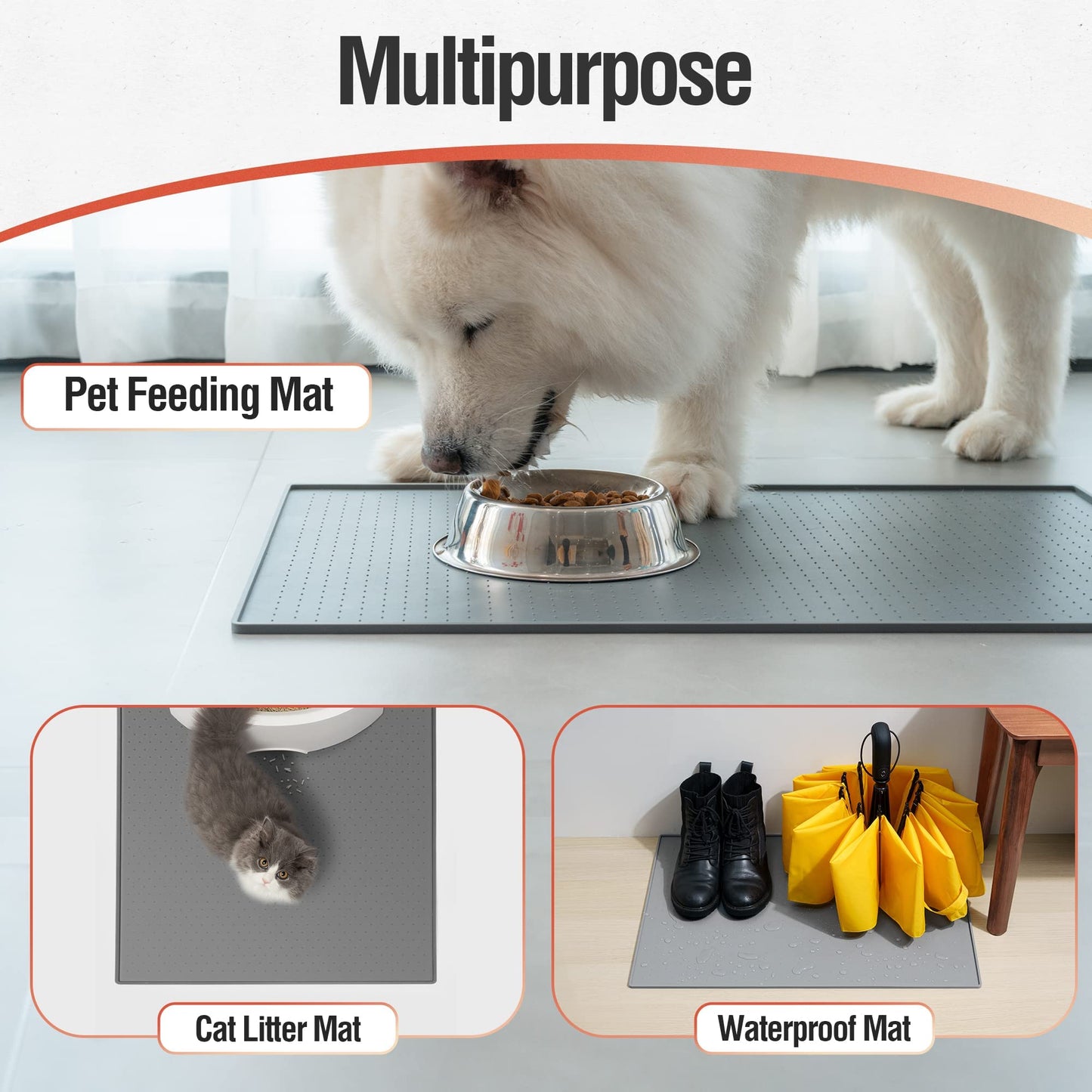 Conlun Silicone Dog Food Mat, 81x61cm Rubber Dogs and Cats Bowl Mat, Anti-Slip, Waterproof, Raised Edge Avoid Water Spilling Out, Easy Clean in Dishwasher,Gray