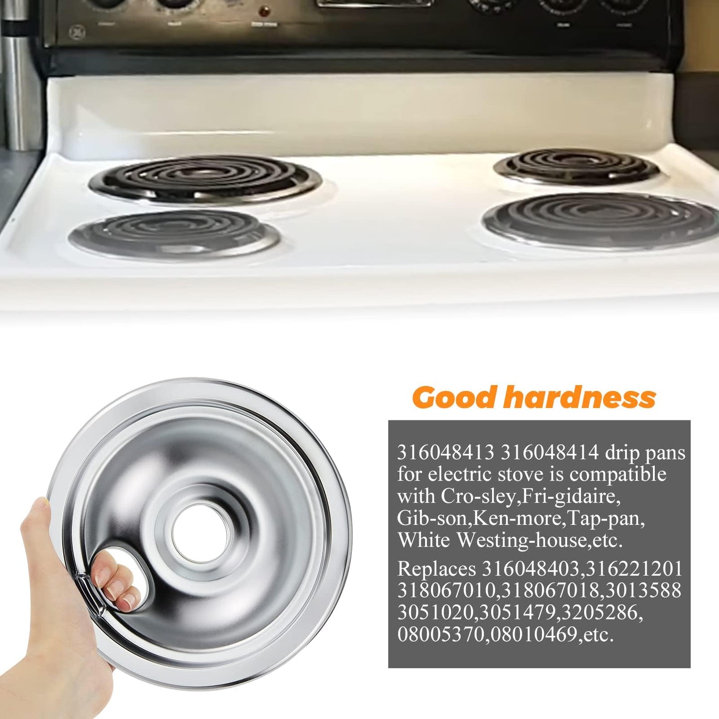 316048413 and 316048414 Chrome Stove Burner Drip Pans Replacement Compatible with Frigidaire Whirlpool Electric Range Include 2 x 6 in, 2 x 8 in