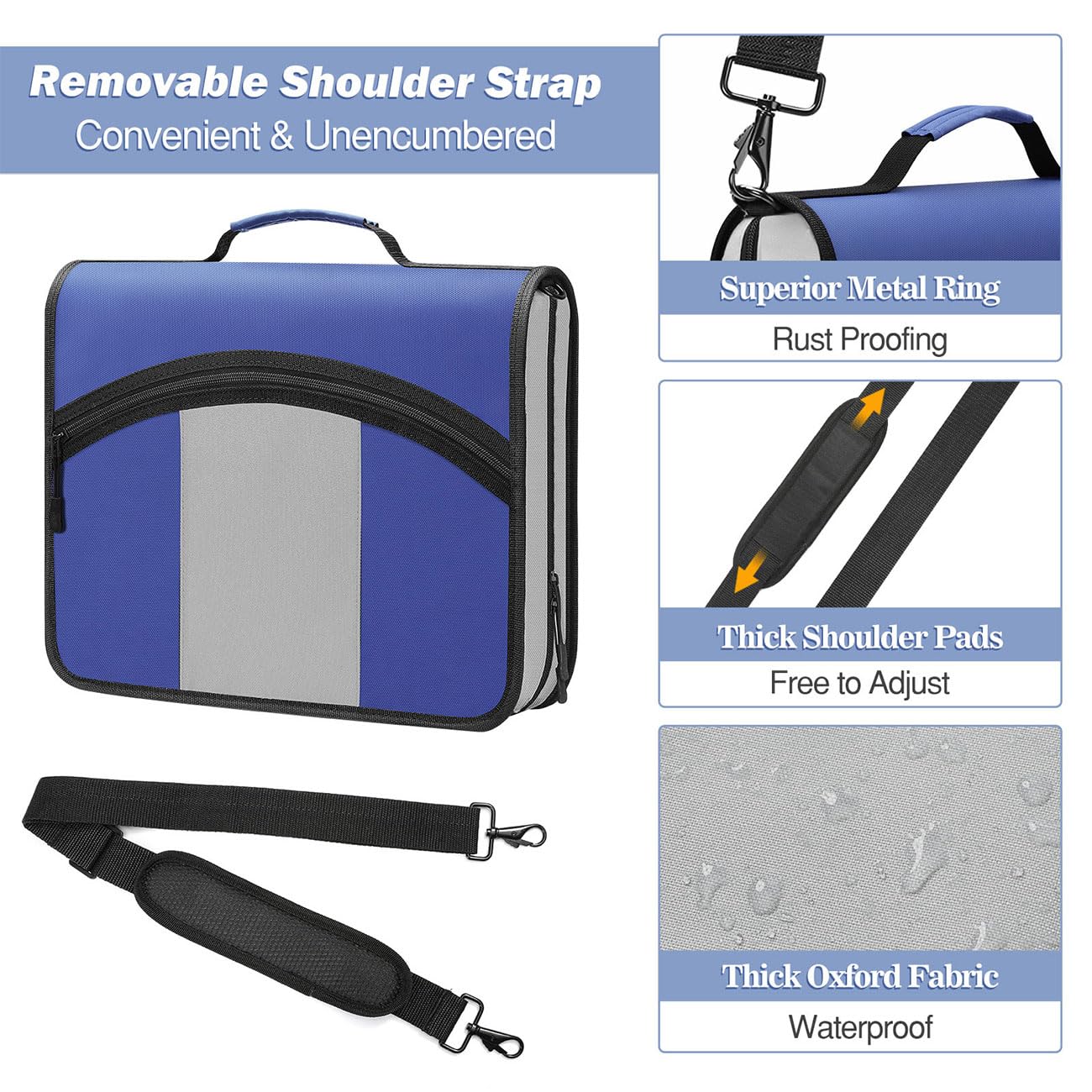 MoKo Zipper Binder, 3 Inch 3 Ring Binder with 600 Sheet Capacity Multi-Pocket School Organizer, Handle and Shoulder Strap Included, Blue & Gray