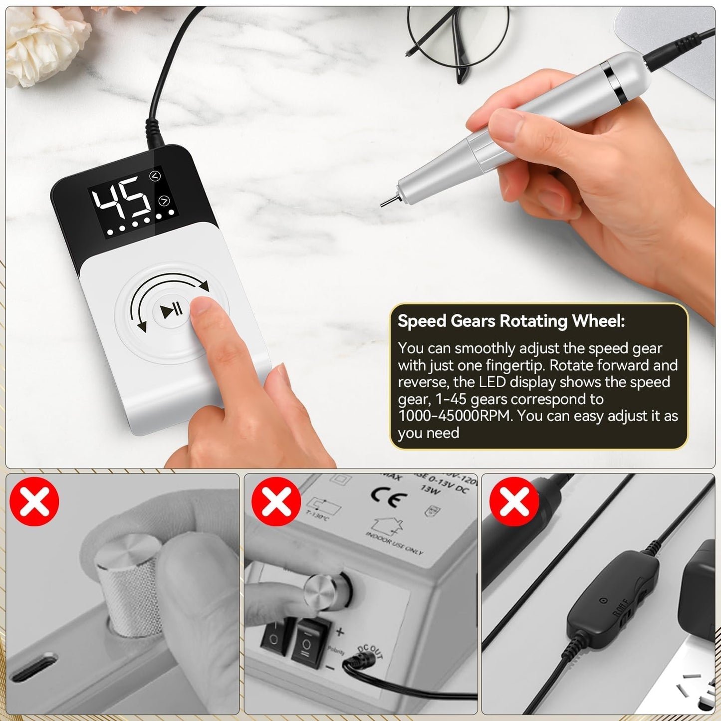 Cadrim Electric Nail Drill Professional 45000RPM, 2025 Upgraded-Speed Control Disc,Rechargeable Electric Nail File for Acrylic Gel Nails, Portable Nail Drill Kit, Efile Nail Machine for Salon Home