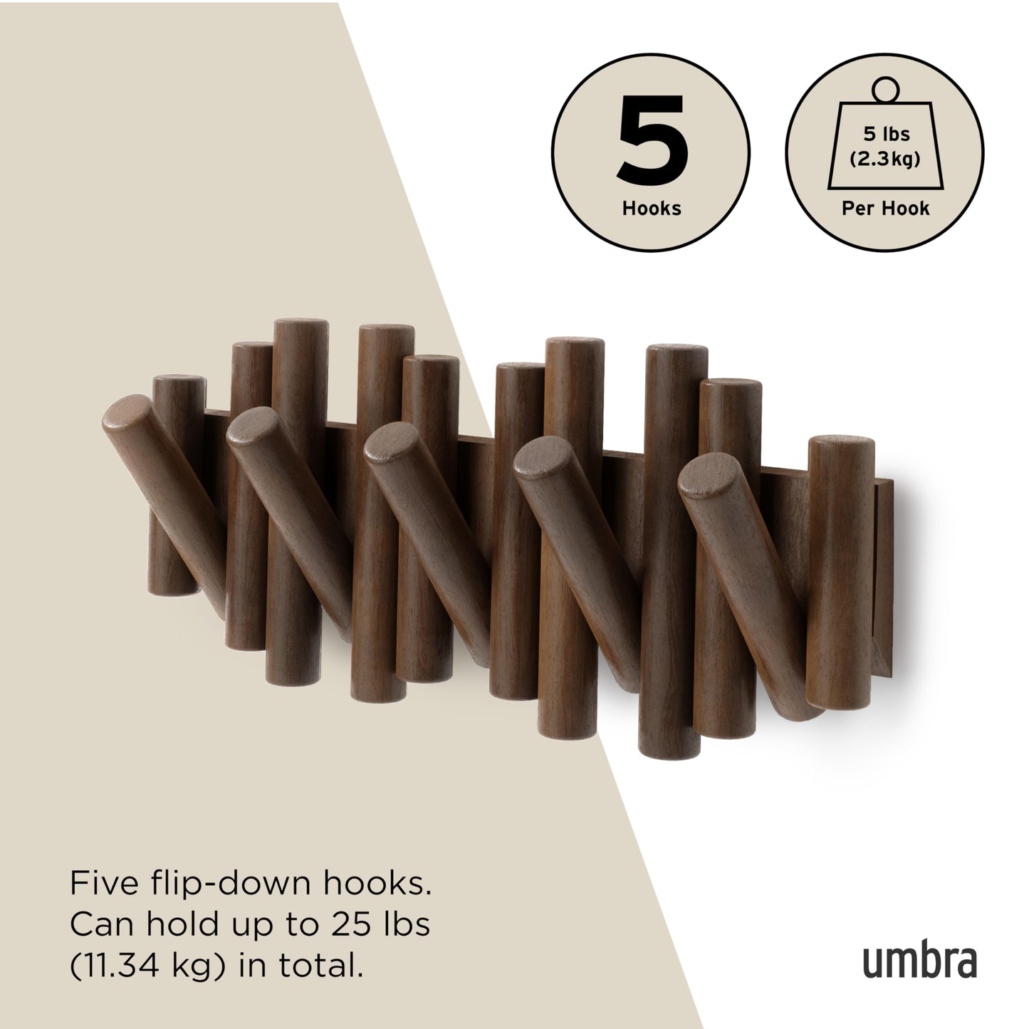 Umbra Picket Wall-Mounted Coat Rack Rail Hook with 5 Retractable Wood Pegs – Modern, Space-Saving Storage Organizer, Walnut