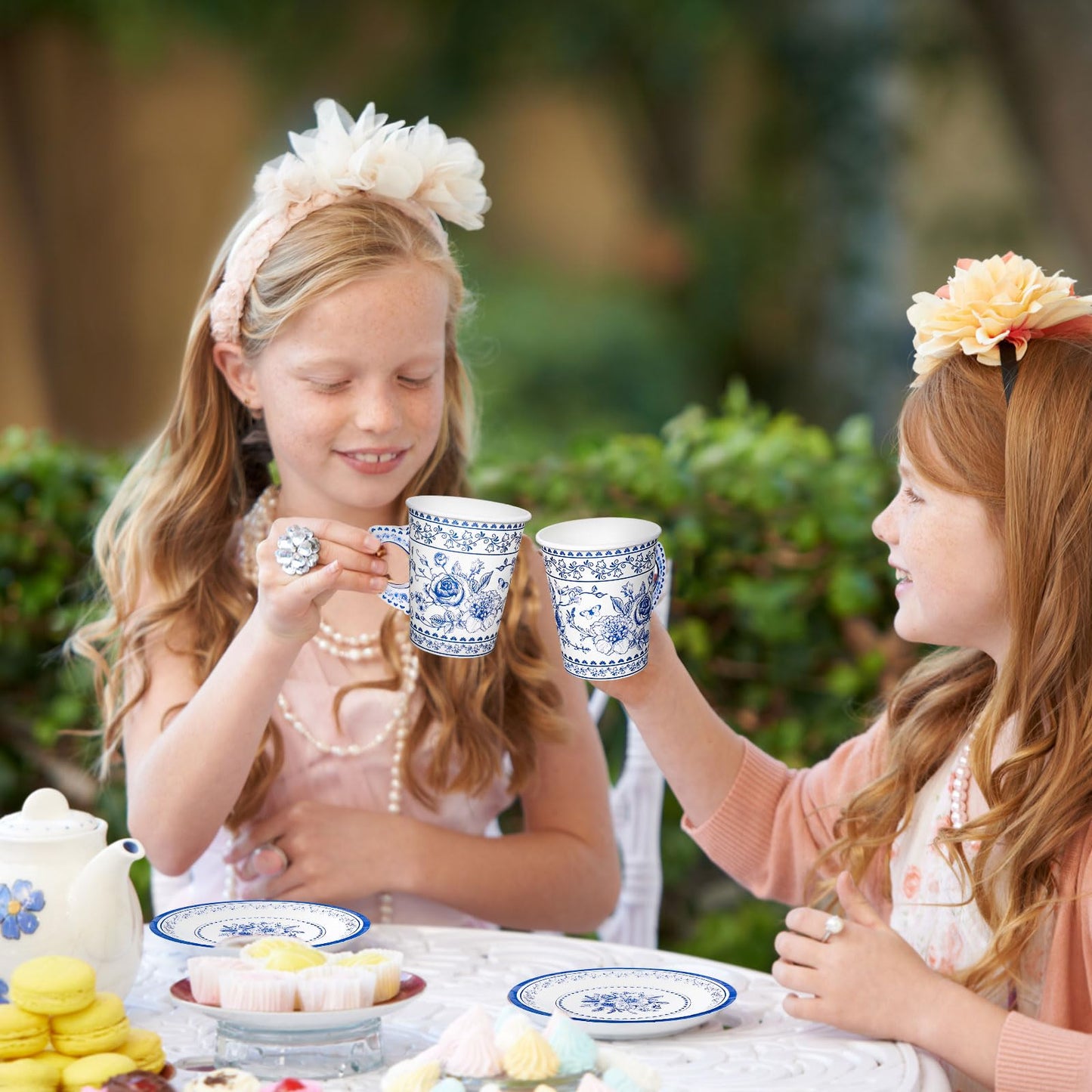 Whaline 80Pcs Blue White Floral Paper Tea Party Cups with Handles Chinoiserie Flower 9oz Disposable Teacups with Dessert Plates for Wedding Birthday Spring Tea Party