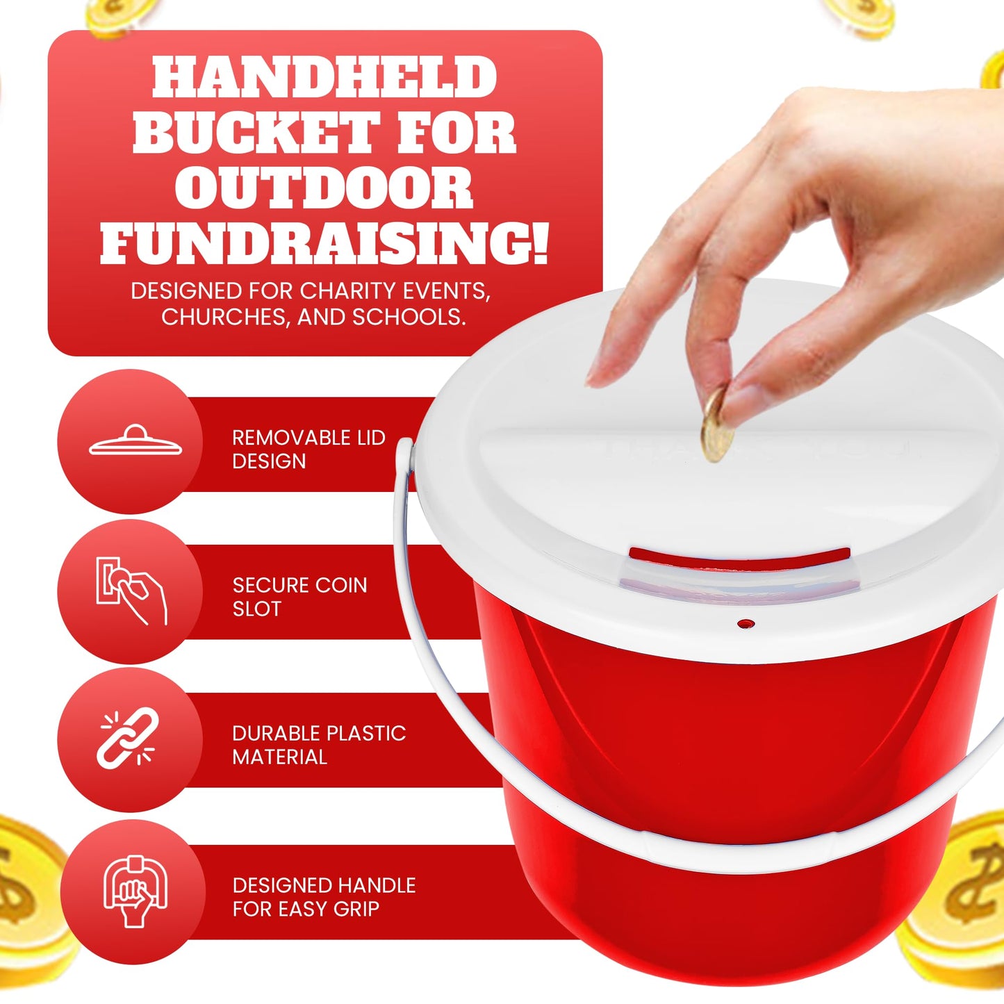Plastic Street Charity Donation Can Coin Collection Bucket with 2 Security Stickers(Red, 4 Pack)