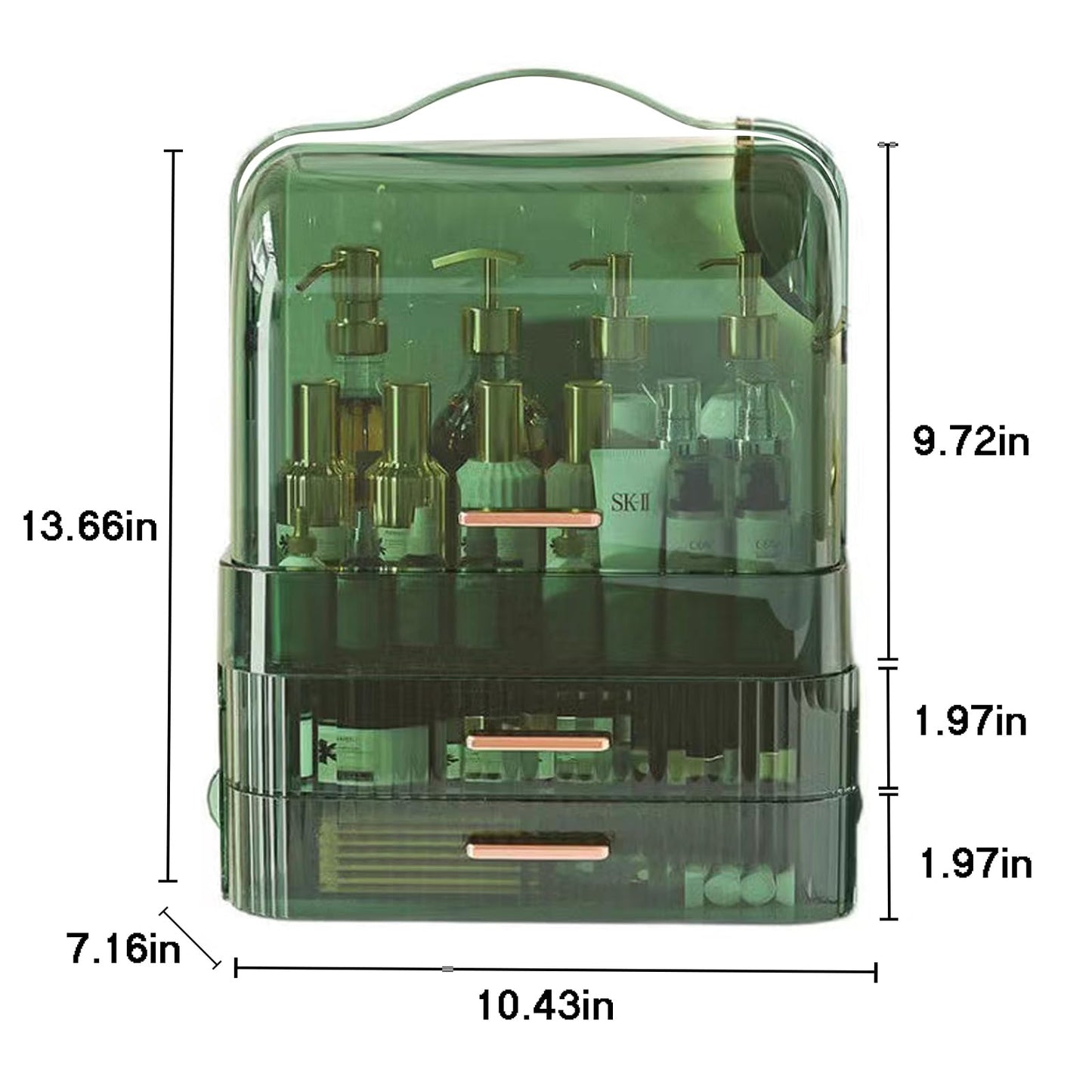 LINFIDITE Cosmetics Storage Box Transparent Lid Large Makeup Organizer Box Drawers Portable Handle Waterproof Dustproof Skincare Display Cases for Countertop, Bathroom, Dresser,Gift Clear Green