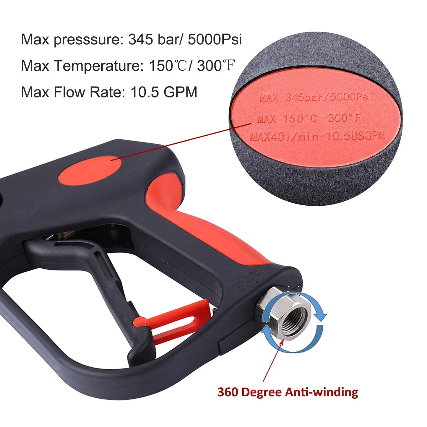 CREEXEON Pressure Washer Short Gun, Commercial 5000 PSI / 10.5 GPM, Swivel Inlet, 3/8 Inch M22 14mm and M22 15mm, With 5 Spray Tips,3 Adapters Inclued,Sturdy Design Universal for Most Pressure Washers