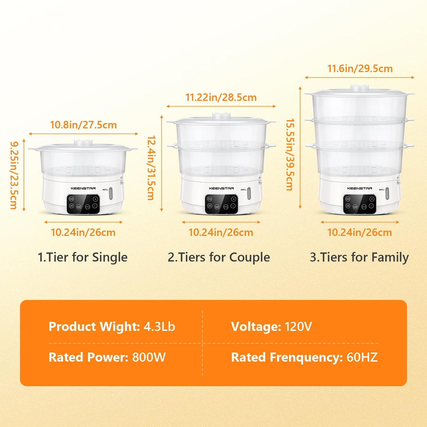 Electric Food Steamer, 13.7QT Vegetable Steamer with 3 Tiers BPA-Free Baskets, Digital Steamer with Appointment and Timer, 800W Simultaneous Cooking, Ideal for Veggies Seafood Rice White