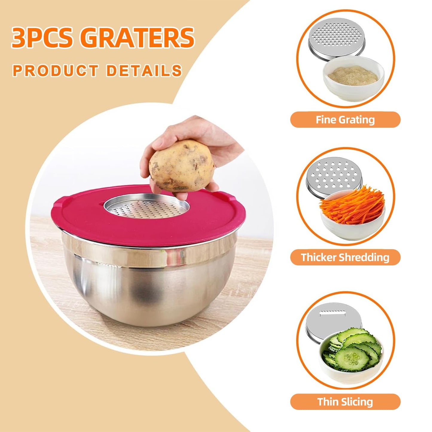 Menbyci 7 Pcs Mixing Bowls with Lids, Stainless Steel Nesting Bowls with 14Pcs Attachments, 3 Graters, Kitchen Utensils, Bowl Set for Kitchen Cooking Baking Prepping Serving