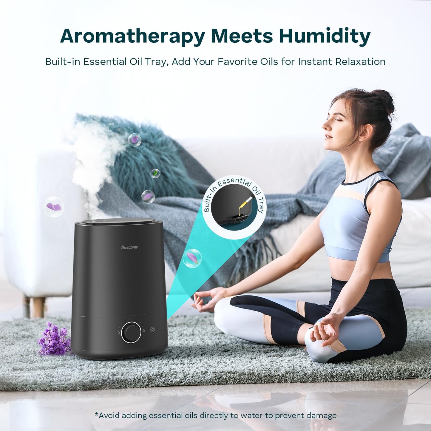 BREEZOME Humidifiers for Bedroom Large Room, 5L Cool Mist Top Fill Humidifier & Aroma Diffuser with Auto Shut-off, 360°Nozzle, 50H Runtime, Quiet Ultrasonic Humidifiers for Baby Nursery, Plants, Home