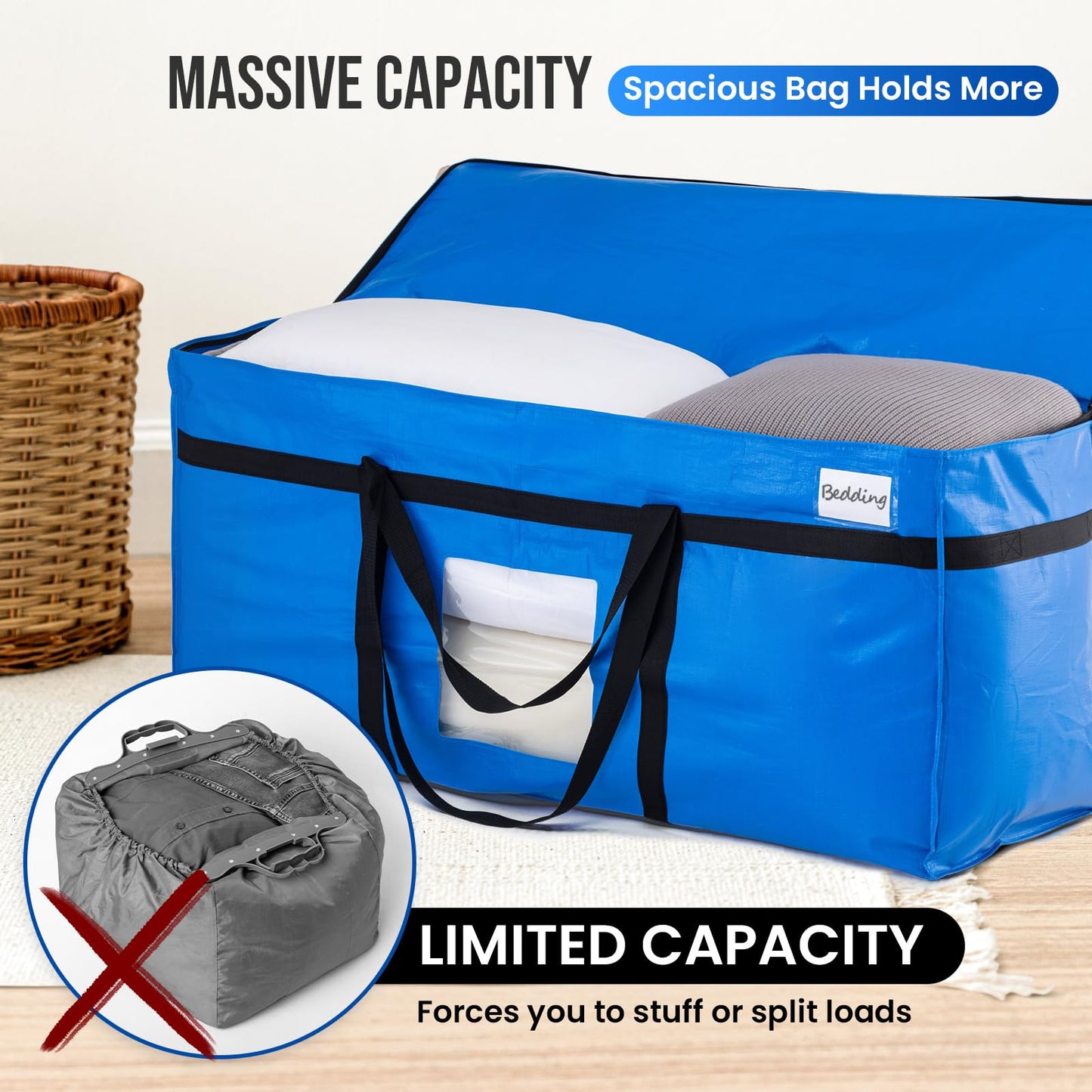 TAILI 69 Gallon Extra Large Storage Bags, XXL Blue Heavy Duty Moving Bags for Storage with Visible Window, Wrap Around Handles, Totes for Space Saving, Alternative to Moving Boxes (2 Pack)