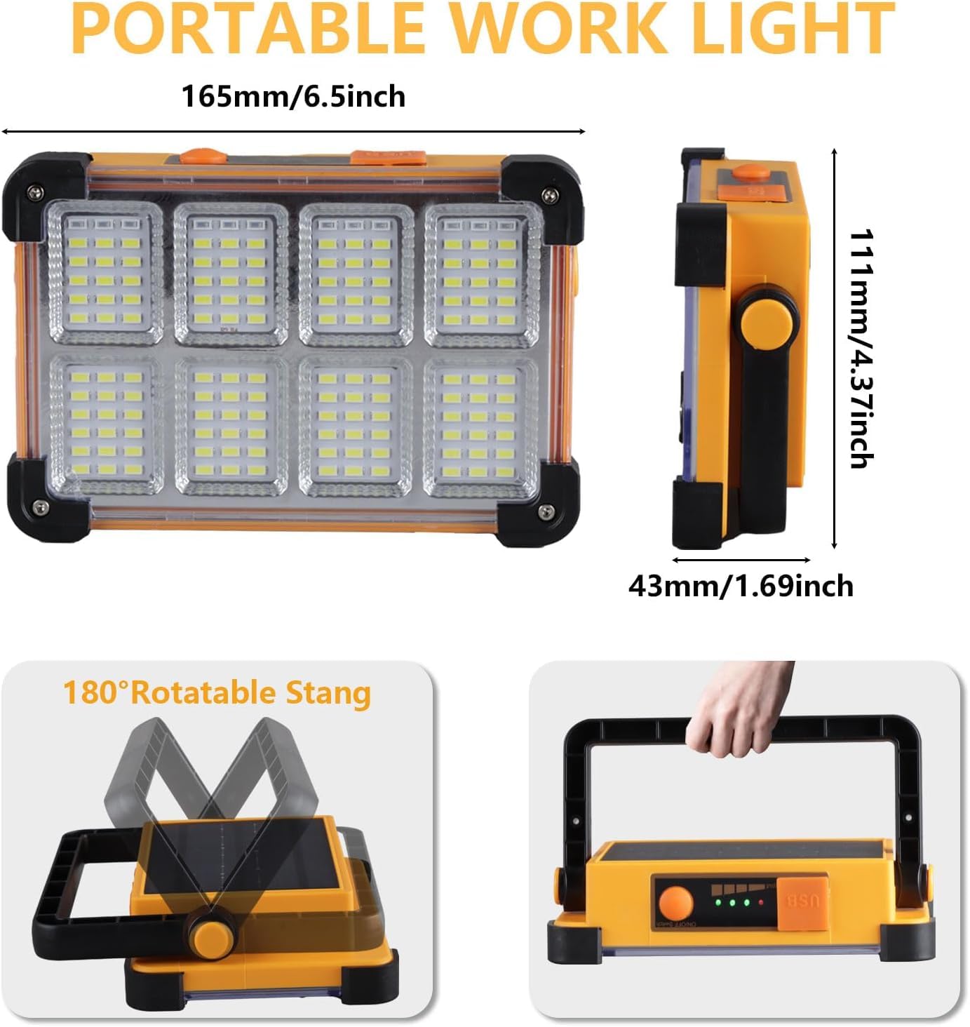 2 Pack 120W Solar Rechargeable Work Light, 144 LED 10000LM Portable Flood Light with Stand, IP66 Waterproof Power Bank 4 Modes LED Job Site Lighting Flashlights for Mechanic Camping Fishing Car Repair