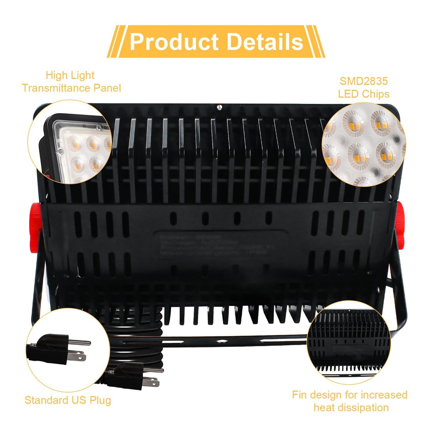 2 Pack 200W LED Flood Lights Outdoor, 3000K Warm White Plug in Flood Light, 20000LM Super Bright Security Lights Work Light, IP66 Waterproof Floodlight for Basketball Court, Yard, Garden, Playground