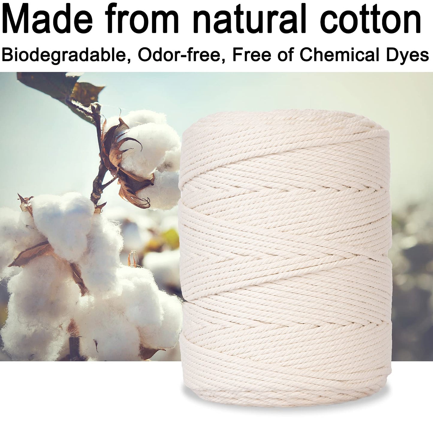 Macrame Cord 5mm x 328Yards, Natural Cotton Macrame Rope - 4 Strands Twisted Macrame Cotton Cord for Wall Hanging, Plant Hangers, Crafts, Gift Wrapping and Wedding Decorations(5mmX300m)