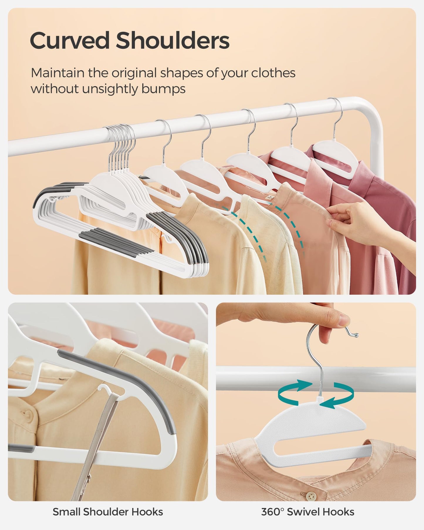SONGMICS 50 Pack Coat Hangers, Heavy-Duty Plastic Suit Hangers, S-Shaped Opening, Space-Saving, 360º Swivel Hook, 16.3 Inches Wide, Cloud White and Dark Gray UCRP041WG03
