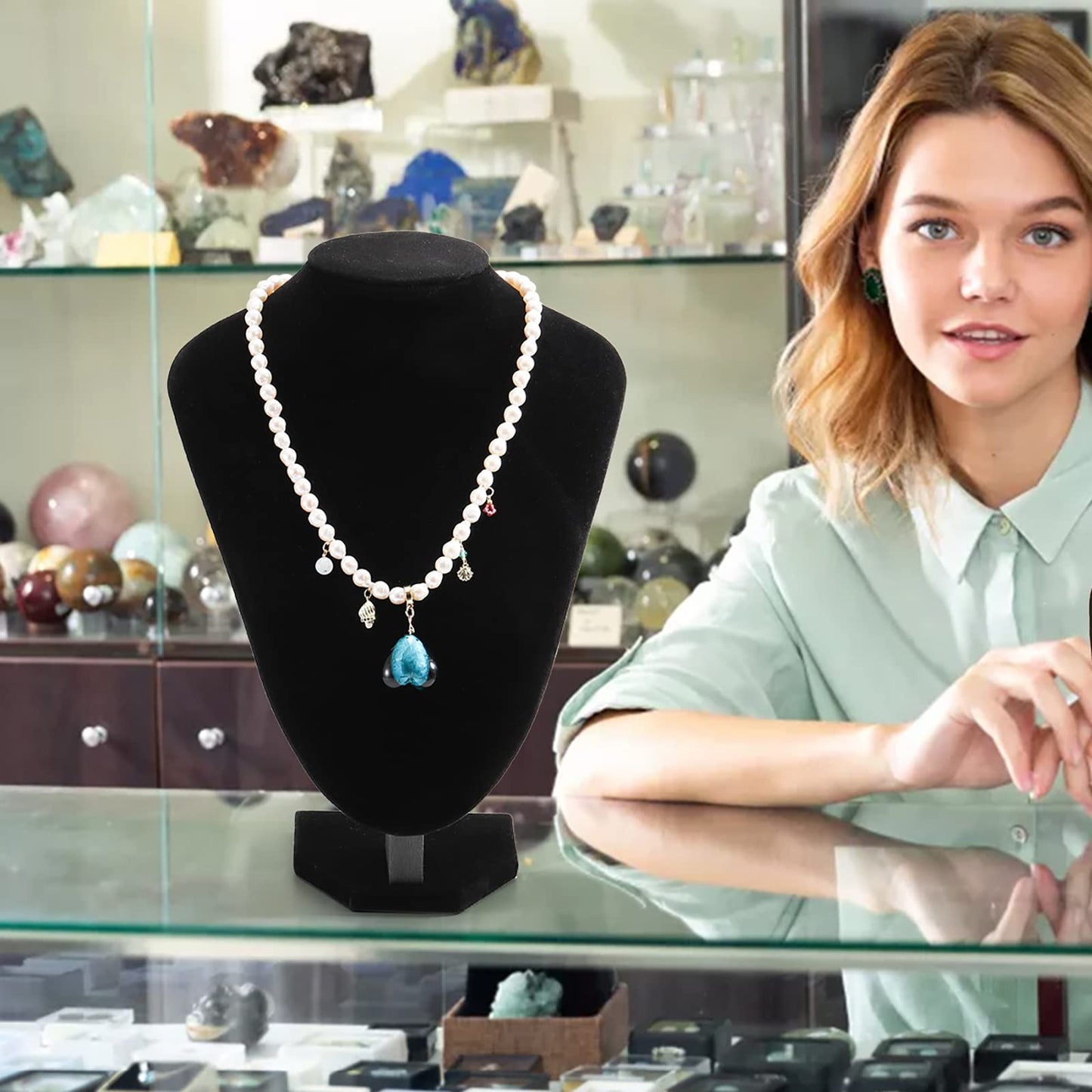 Foraineam 3 Pack Black Velvet Necklace Bust Display 3D Jewelry Chain Organizer Mannequin Model Display Stand Holder