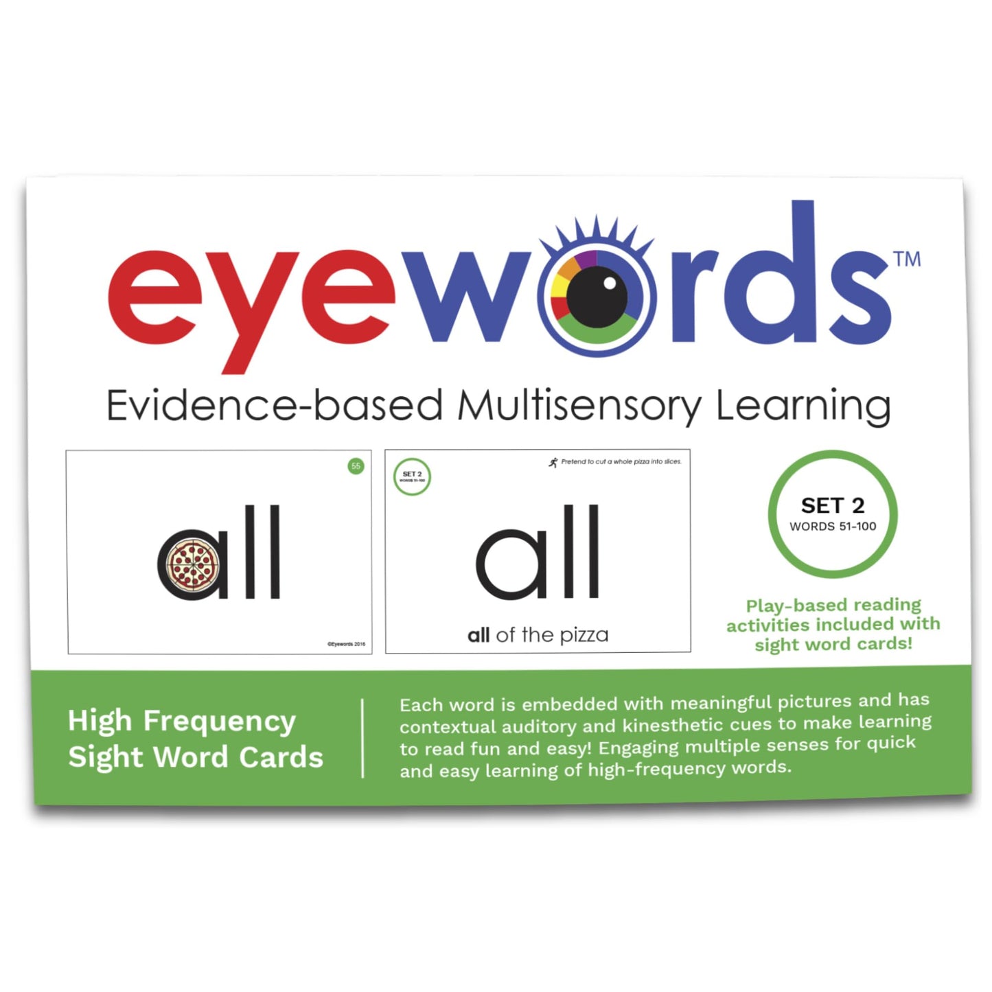 Eyewords Multisensory Sight Word & Phonics Flash Cards, Set 2 (High-Frequency Words 51-100) - Kinesthetic Learning, Picture-Embedded - Pre-K - Grade 2 - Homeschool & Classroom Use - Model EW-23
