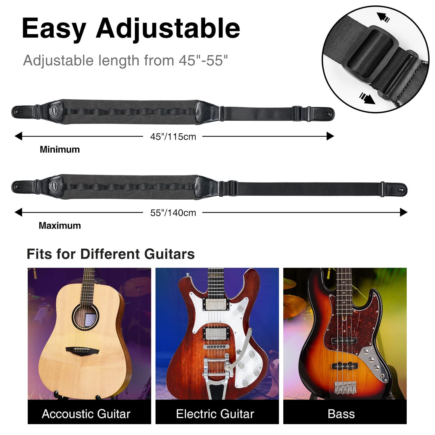 LEKATO Bass Guitar Straps for Heavy Bass & Guitars with 3.5” Wide Guitar Strap Padded Thickened Foam Bass Straps Adjustable Length from 45" to 55" Bass Guitar Strap with 2 Strap Locks & 6 Picks-Black